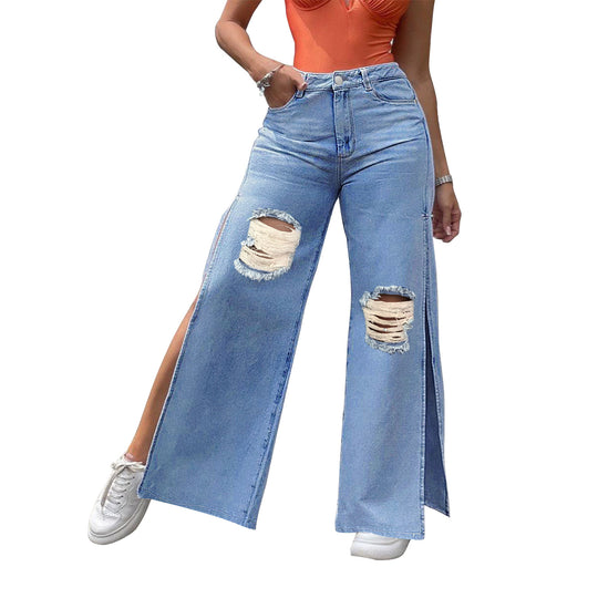 Damen Hochtaillierte Wide-Leg-Jeanshose mit Knie-Rissen und seitlichen Schlitzen Shop Nory
