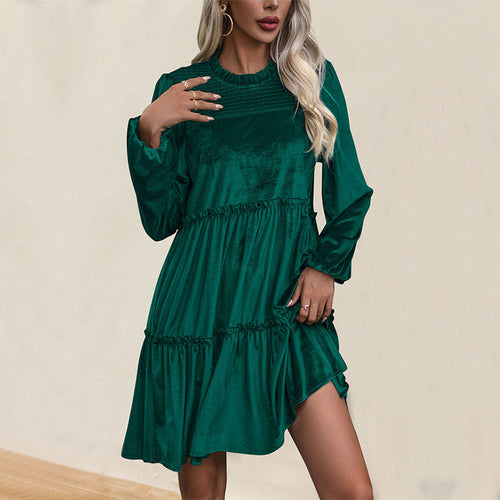 Damen Samtkleid mit Stufenrock, Raffung und Stehkragen Shop Nory