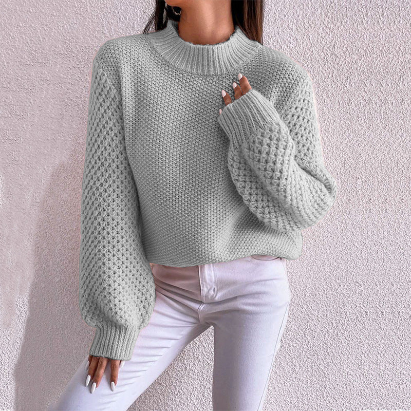 Damen Kurzgeschnitteter Grobstrick-Pullover mit Voluminösen Netzstruktur-Ärmeln und Stehkragen Shop Nory