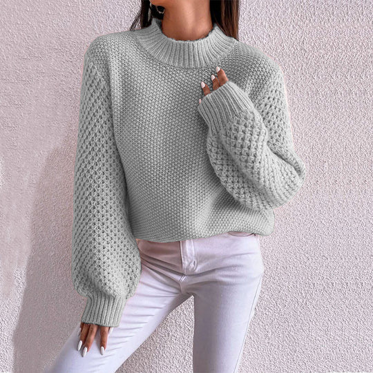Damen Kurzgeschnitteter Grobstrick-Pullover mit Voluminösen Netzstruktur-Ärmeln und Stehkragen Shop Nory