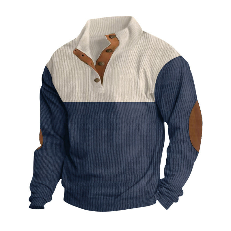 Herren Gerippter Halbkragen‑Henley‑Pullover mit Knopfleiste und Leder‑Ellbogenpatches Shop Nory