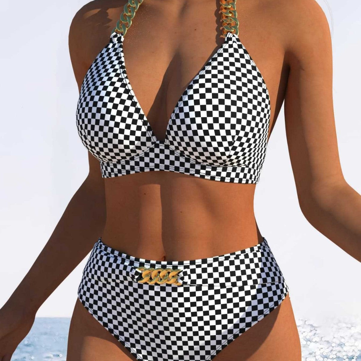 Damen Bikini-Set mit stilvollem Karomuster und goldfarbenen Akzenten