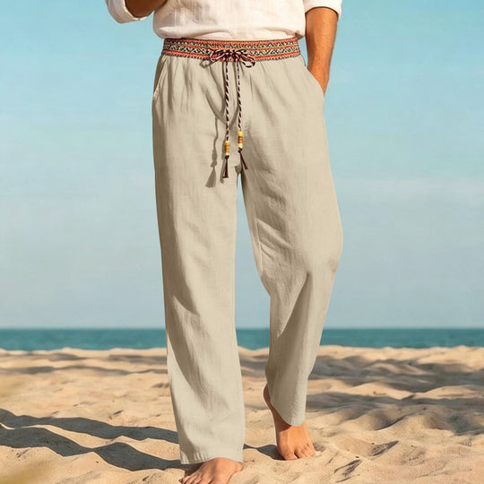 Herren Leinenoptik Freizeithose mit besticktem Kordelbund und Kordelzug Shop Nory