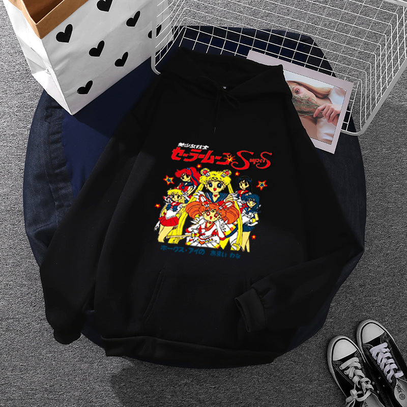 Damen nan Oversize-Kapuzenpullover mit gerautem Fleecefutter, Retro‑Anime‑Print und Kängurutasche Shop Nory