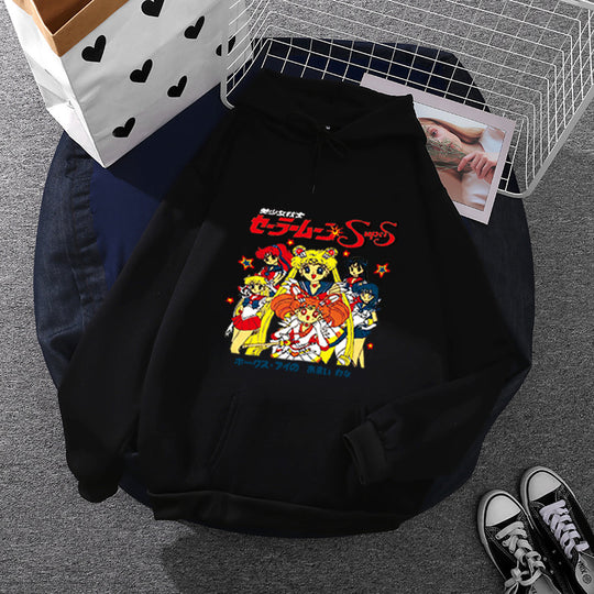 Damen nan Oversize-Kapuzenpullover mit gerautem Fleecefutter, Retro‑Anime‑Print und Kängurutasche Shop Nory