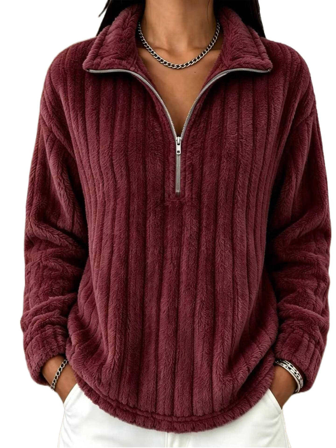 Damen Kuscheliger Plüsch-Halfzip-Pullover mit Stehkragen Shop Nory