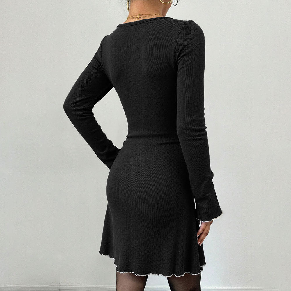 Damen geripptes Minikleid mit Trompetenärmeln, Zierschleife am Dekolleté und welligem Saum Shop Nory