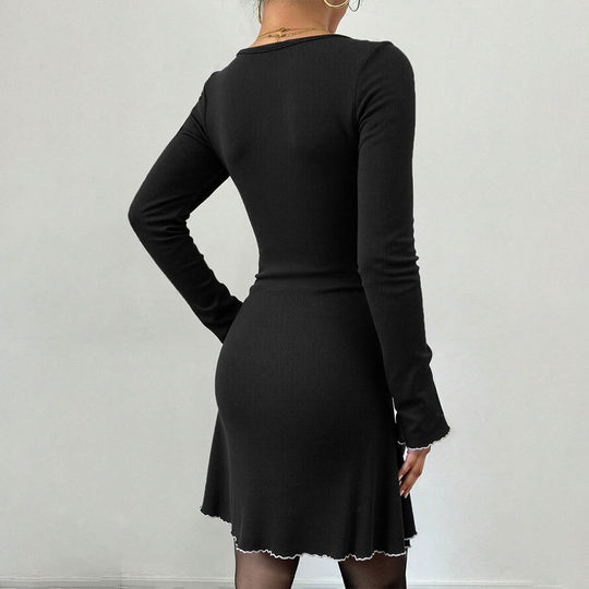 Damen geripptes Minikleid mit Trompetenärmeln, Zierschleife am Dekolleté und welligem Saum Shop Nory