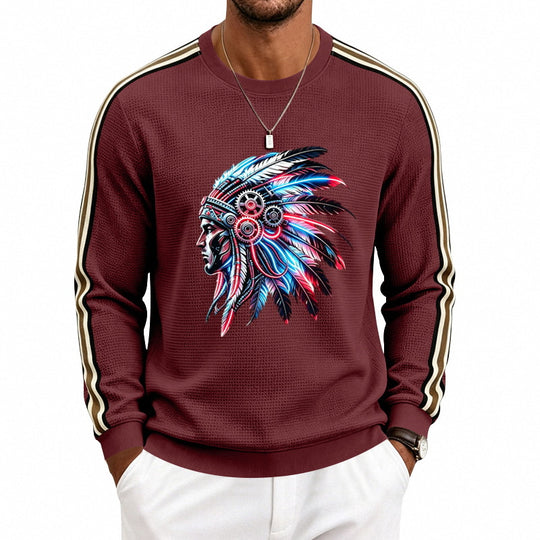 Herren Sweatshirt mit Federkopfschmuck-Print, Waffelstruktur und kontrastierenden Schulterstreifen Shop Nory