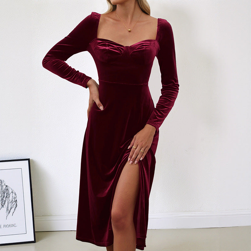 Damen Samt-Midikleid mit herzförmigem Ausschnitt, taillierter Silhouette und Langarm Shop Nory