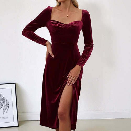 Damen Samt-Midikleid mit herzförmigem Ausschnitt, taillierter Silhouette und Langarm Shop Nory