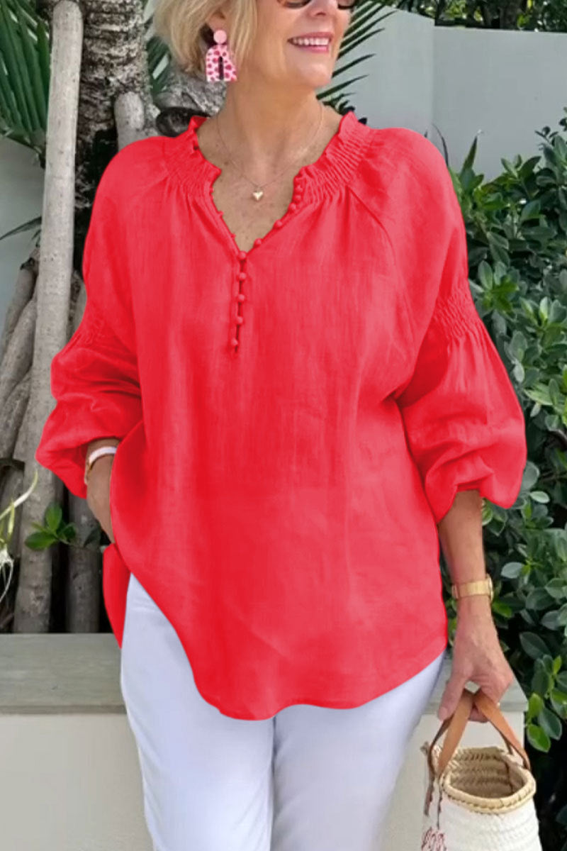 Damen Leichte Bluse mit elastischen Puffärmeln und Knopfleiste