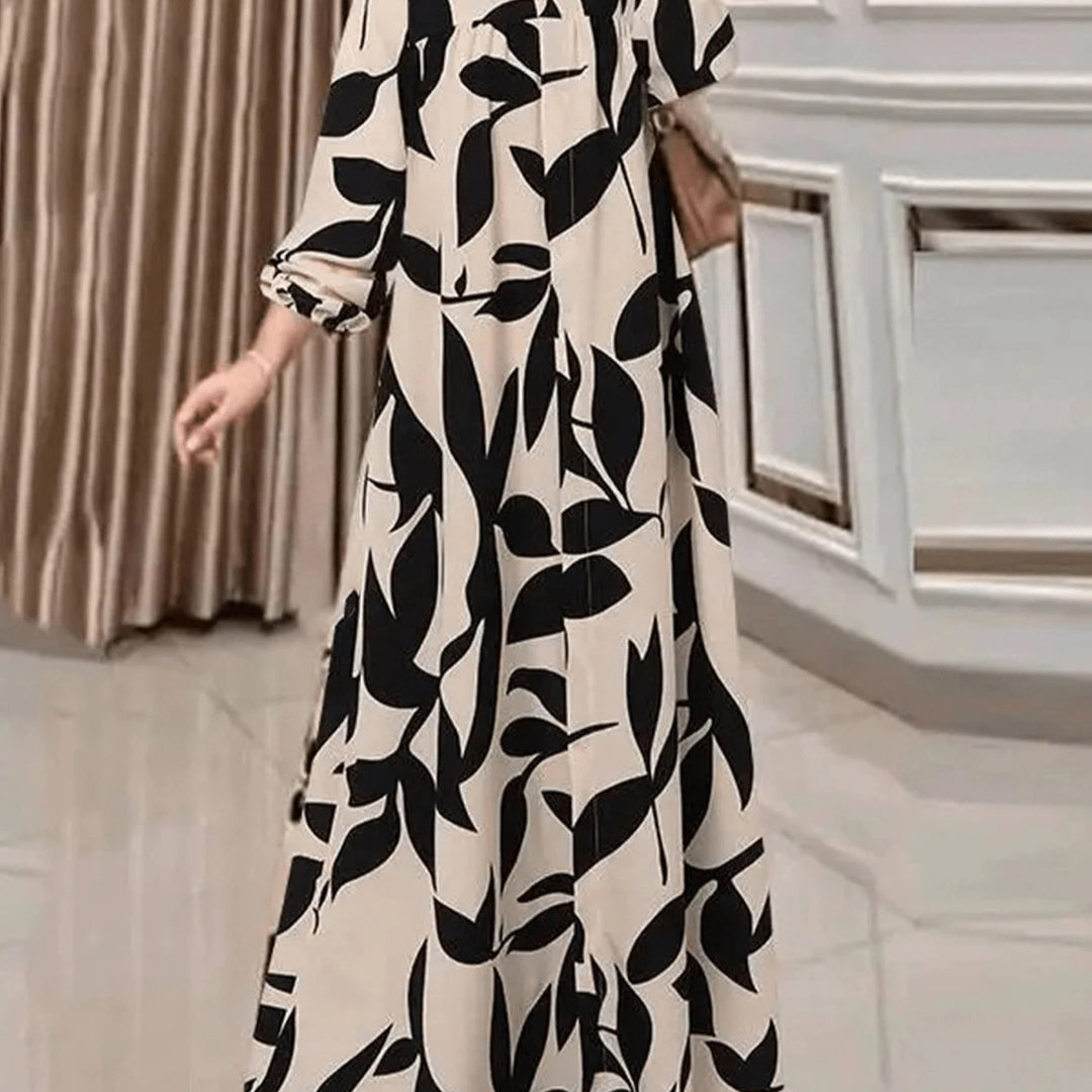 Damen Maxikleid mit lockerem A-Linien-Schnitt, weitem Fall und auffälligem Blattprint Shop Nory