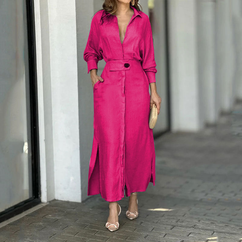 Damen Maxikleid aus leichtem Leinen mit eleganter Knopfleiste und praktischen Seitenschlitzen
