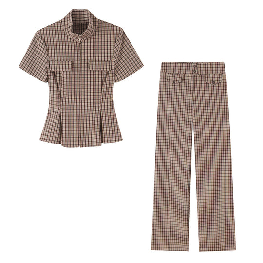 Damen Hochtaillierte weite Stoffhose mit Karo-Muster und Zierklappen Shop Nory
