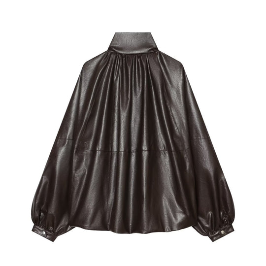 Damen Oversized Kunstleder-Cape mit Stehkragen und Ballonärmeln Shop Nory
