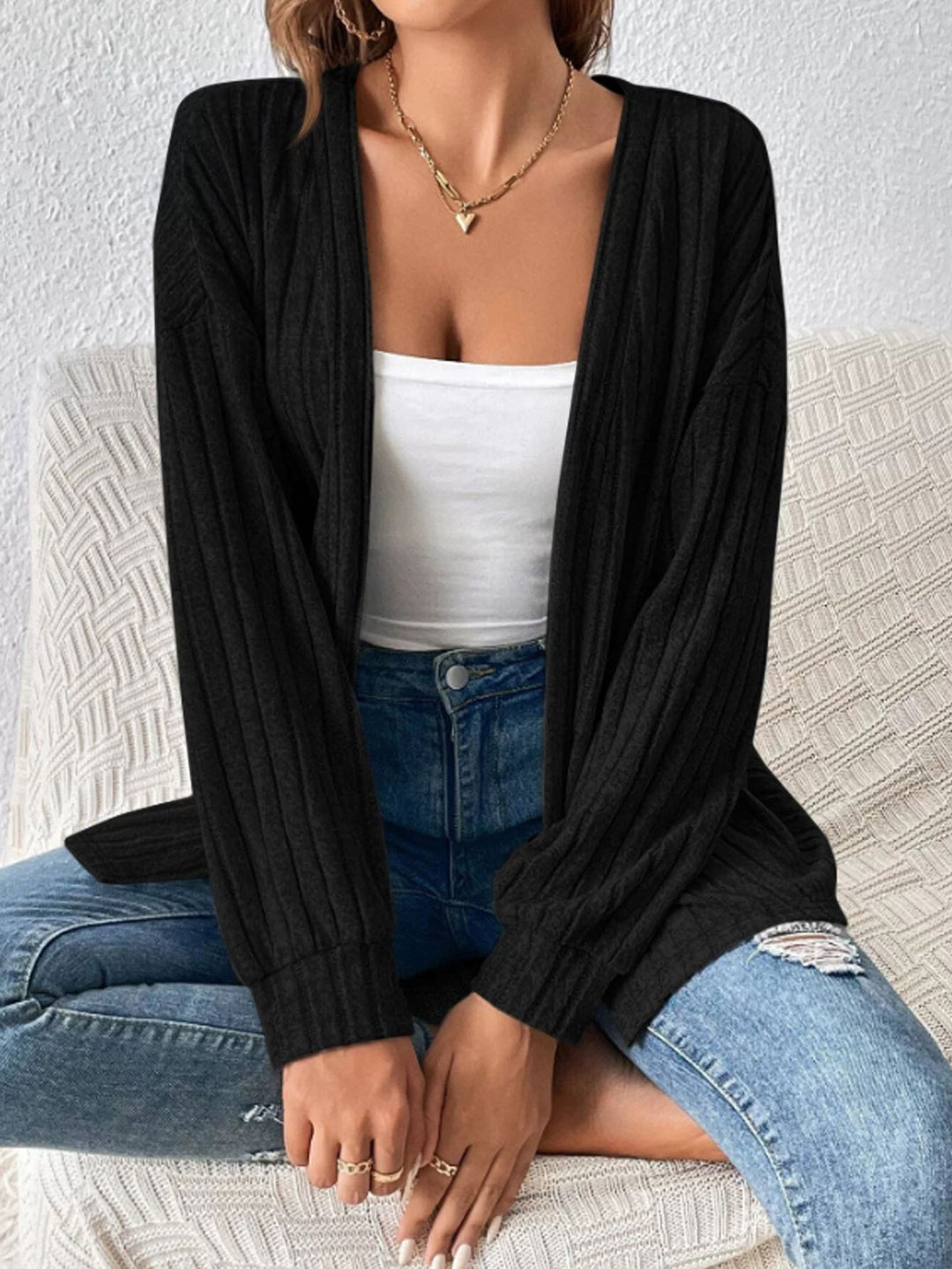 Damen Langer Rippstrick-Cardigan mit Ballonärmeln und offener Front Shop Nory