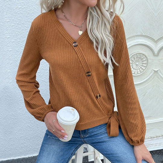 Damen Gerippte Wickel-Strickjacke mit V-Ausschnitt und seitlichem Knotendetail Shop Nory