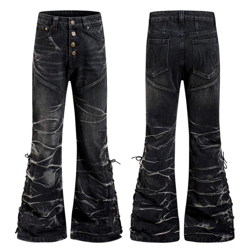 Damen hochgeschnittene ausgestellte Jeanshose mit Knopfleiste und seitlichen Schnürungen Shop Nory
