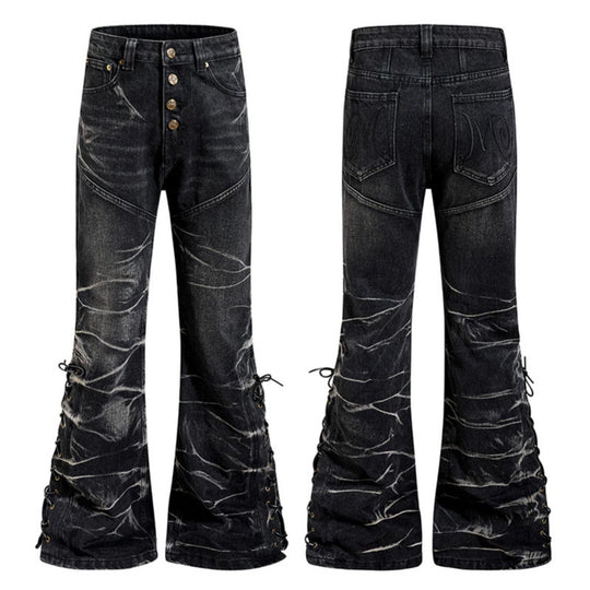 Damen hochgeschnittene ausgestellte Jeanshose mit Knopfleiste und seitlichen Schnürungen Shop Nory