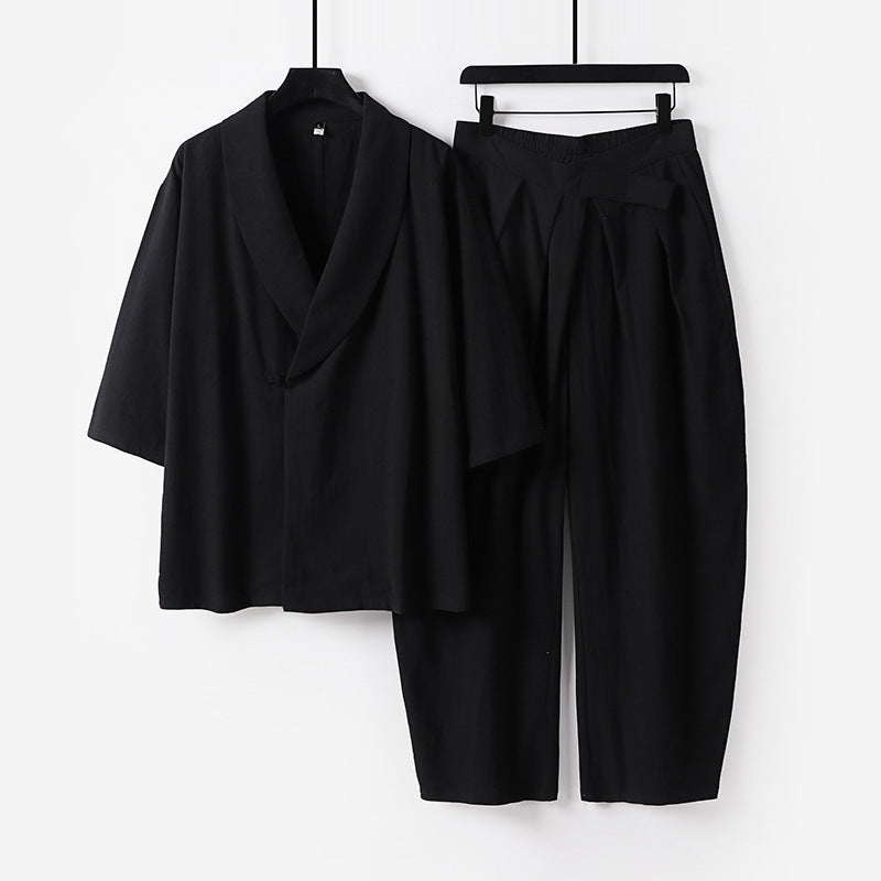 Damen Zweiteiliges Kimono-Loungewear-Set mit Schalkragen Kurzarm-Oberteil und hochtaillierter Plissee-Hose Shop Nory