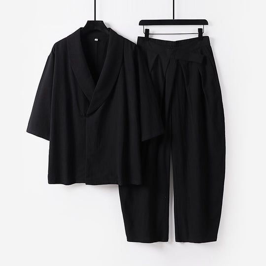 Damen Zweiteiliges Kimono-Loungewear-Set mit Schalkragen Kurzarm-Oberteil und hochtaillierter Plissee-Hose Shop Nory