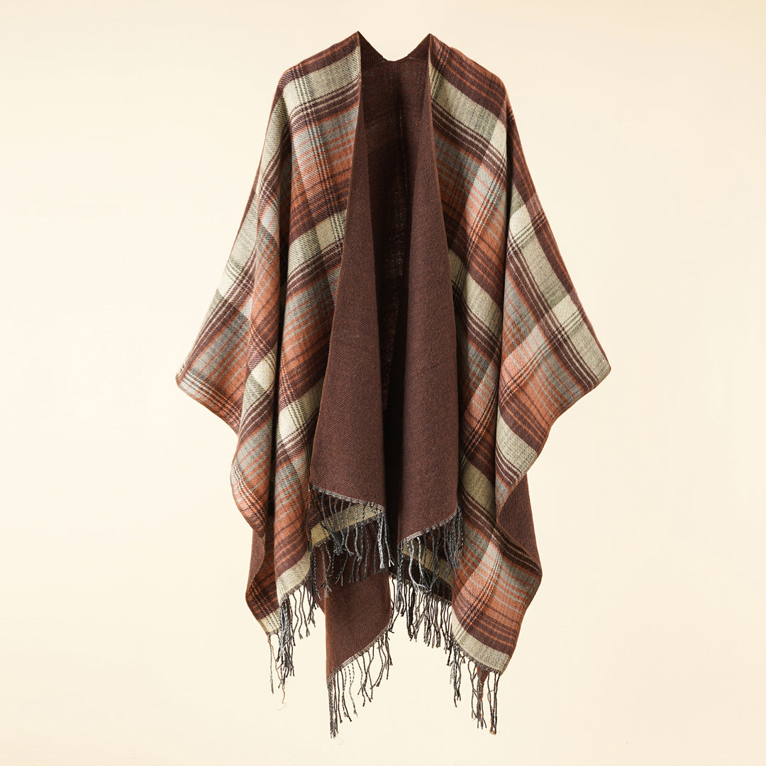 Damen Kastiger Plaid-Ruana aus leichtem Wollmix mit dekorativem Fransensaum Shop Nory