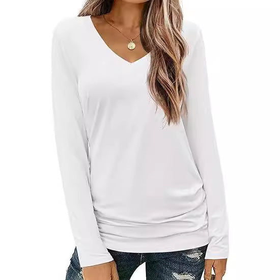 Damen Figurbetontes V‑Ausschnitt Langarmshirt aus Stretch‑Jersey mit leicht gerafftem Saum Shop Nory