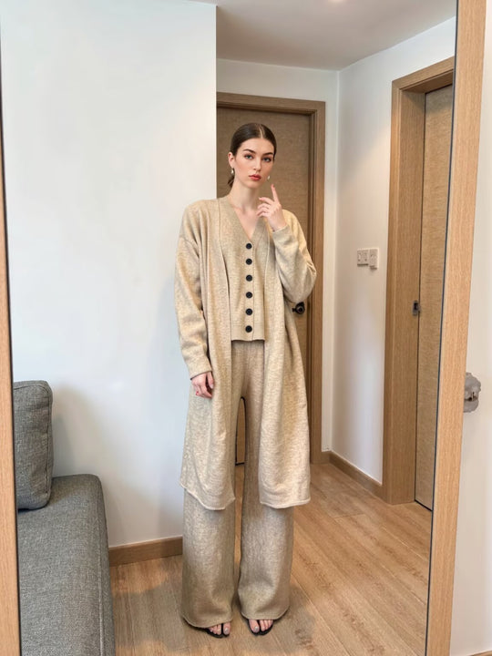 Damen Oversize Strick-Set mit Longcardigan, Knopf-Weste und weiten Hosen Shop Nory