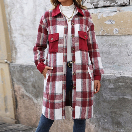 Damen Lange Überwurfjacke im karierten Flanell‑Look mit aufgesetzten Pattentaschen Shop Nory