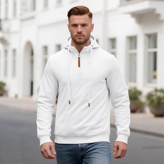 Herren Halbzip-Kapuzenpullover mit Stehkragen, Kordelzug und Lederdetails Shop Nory