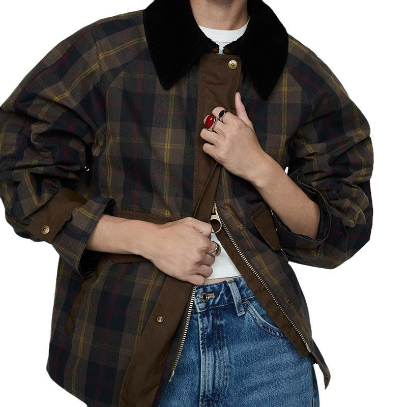 Damen Karierte Jacke mit weichem Cordkragen