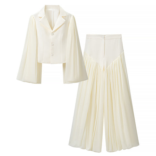 Damen Zweiteiliges Ensemble aus kurzem Blazer mit dramatischen Glockenärmeln und plissierter Palazzo-Hose Shop Nory