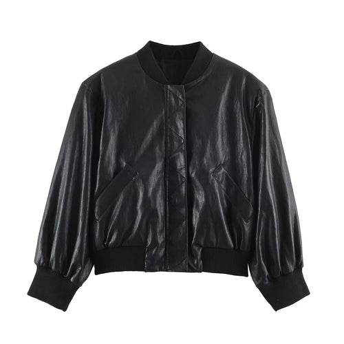 Damen Bomberjacke aus Lederoptik mit verdeckter Klappe, taillierendem Rippbund und schrägen Pattentaschen Shop Nory