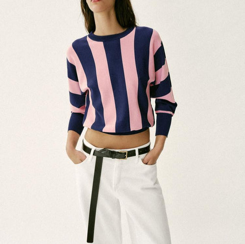Damen Oversized Strickpullover mit breiten Streifen, Rundhalsausschnitt und verlängerten Rippärmeln Shop Nory