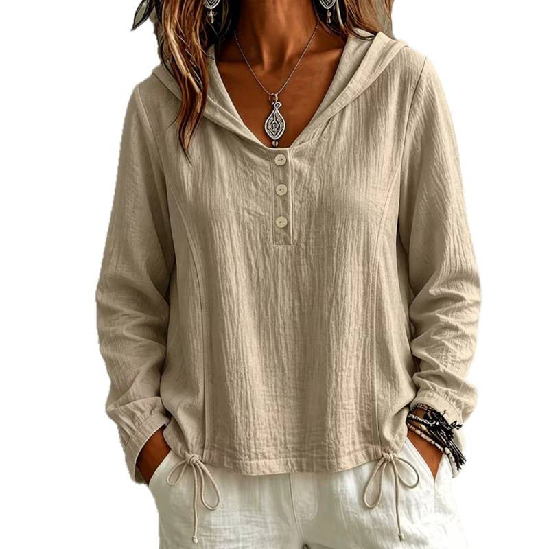 Damen Leichte Kapuzenbluse aus Baumwollcrinkle mit Knopfleiste und Tunnelzugsaum Shop Nory