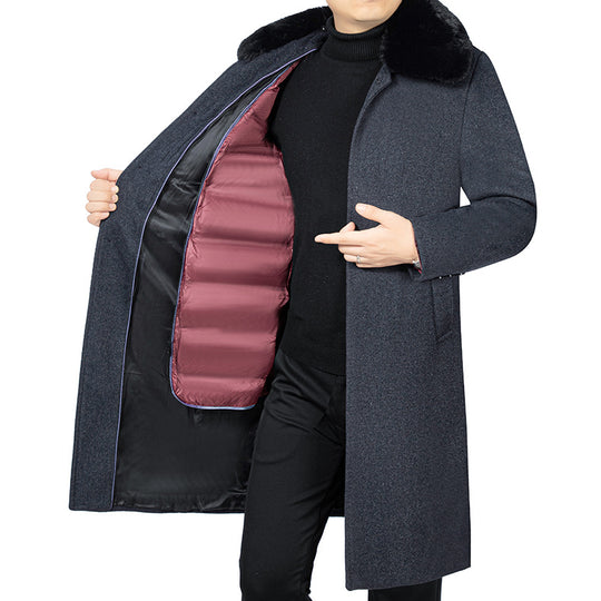 Herren Langer Wollmix-Mantel mit abnehmbarem Kunstfellkragen und gesteppter Thermowattierung Shop Nory