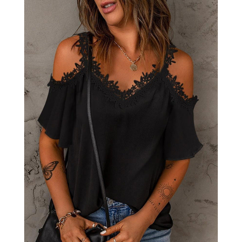 Damen Cold-Shoulder Spitzenbesatz Oberteil