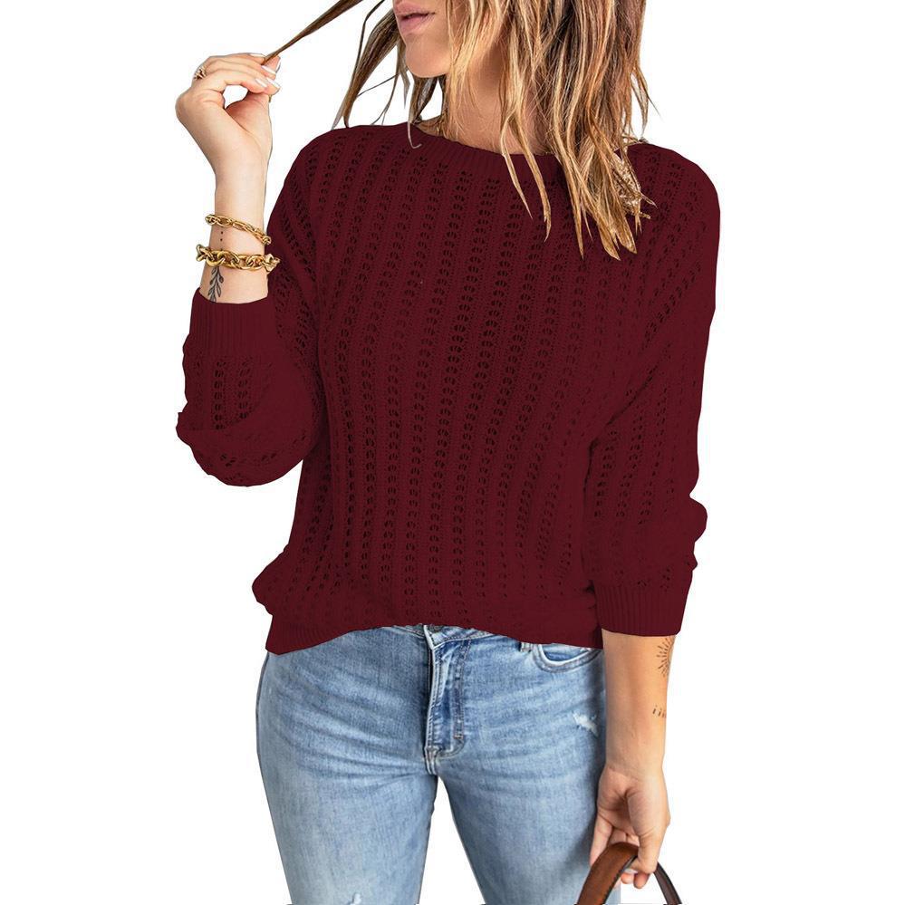Damen Lockerer Ajour-Strickpullover mit Rundhalsausschnitt und Rippbündchen Shop Nory