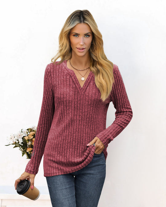 Damen Feines Ripp-Strickshirt mit tiefem V‑Ausschnitt und Tunika‑Länge Shop Nory