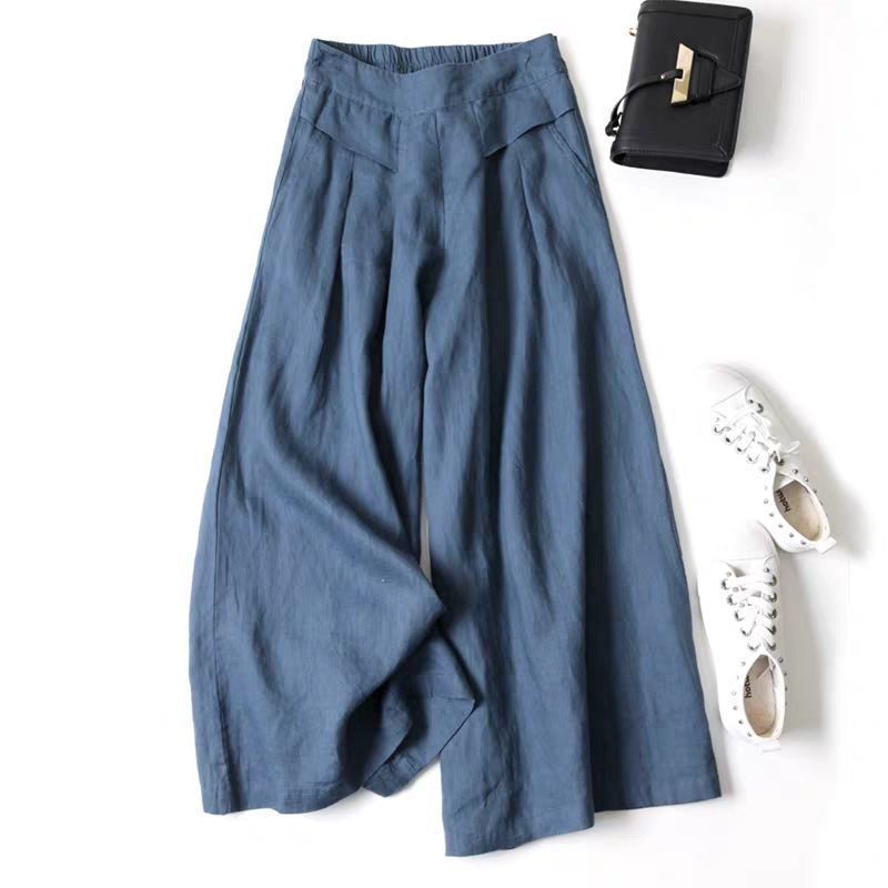 Damen Weit geschnittene Leinenhose mit hohem Bund und eleganten Falten