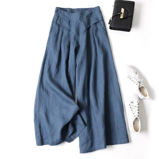 Damen Weit geschnittene Leinenhose mit hohem Bund und eleganten Falten