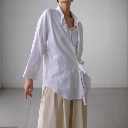 Damen Wickel-Langbluse aus Leinenmix mit Seitenschleife und Oversize-Schnitt Shop Nory