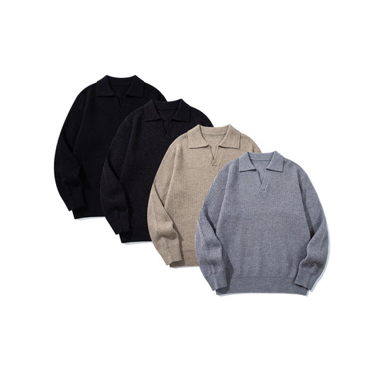 Herren Grobgestrickter Polokragen-Pullover mit V‑Ausschnitt und Rippenbündchen Shop Nory