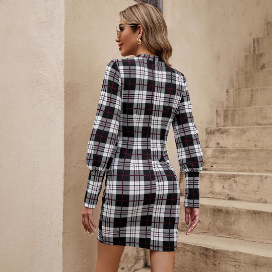 Damen Tailliertes Karo-Minikleid mit Stehkragen, Ballonärmeln und Ziergürtel Shop Nory