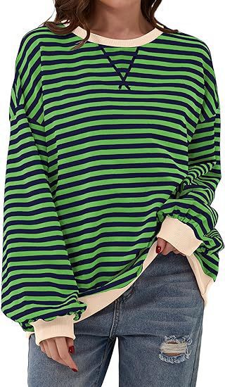 Damen Lässiges Oversize-Streifen-Sweatshirt mit Raglanärmeln und Kontrastbündchen Shop Nory