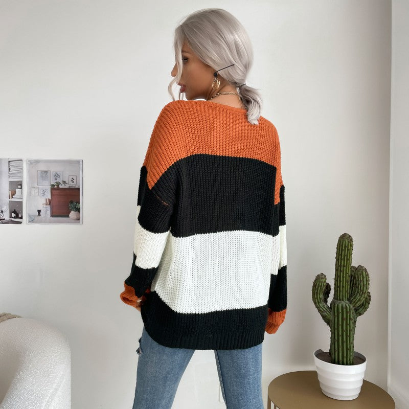Damen Oversize Strickpullover mit schrägem Carmen-Ausschnitt und breiten Farbblöcken Shop Nory