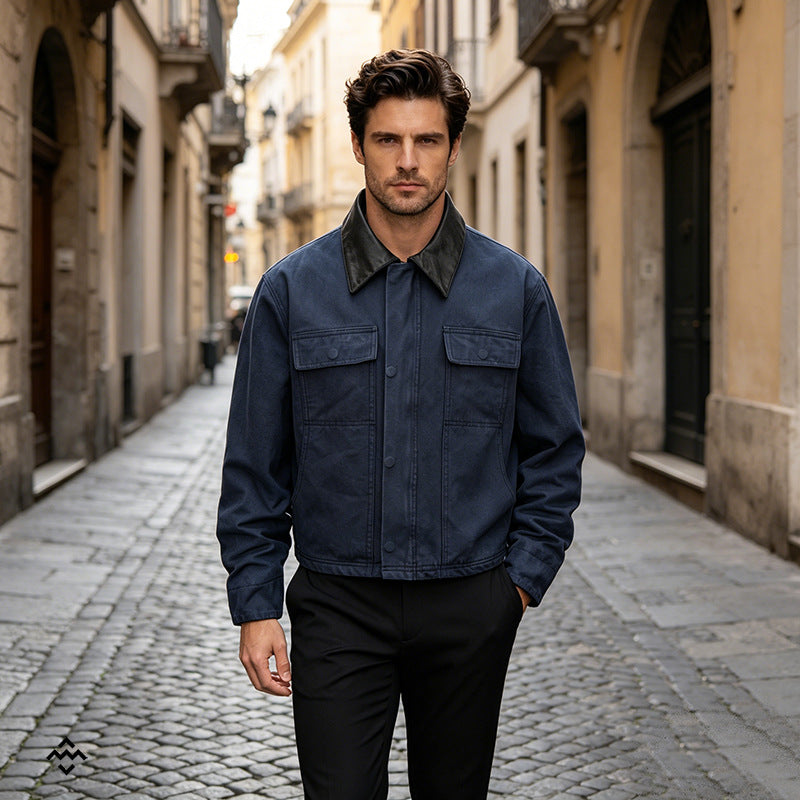 Herren Canvas-Fieldjacke im Overshirt-Look mit Lederkragen und aufgesetzten Pattentaschen Shop Nory