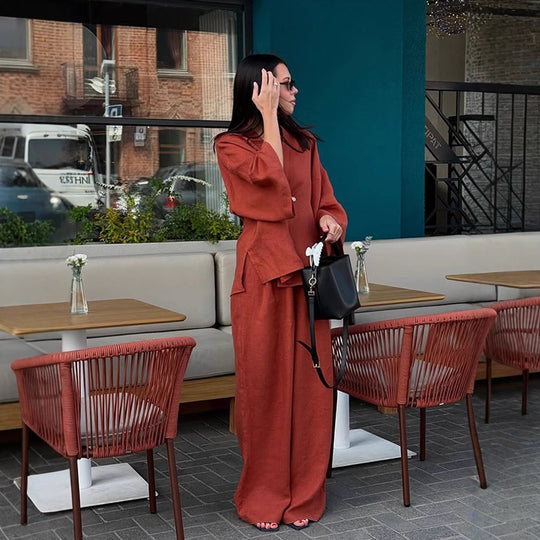 Damen Lässiges Leinenoptik-Zweiteiler mit Kimono-Blazer und weiter Palazzohose Shop Nory