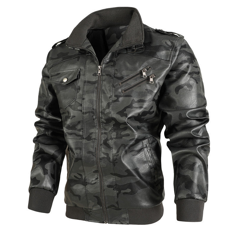 Herren Camouflage-Kunstleder-Bomberjacke im Pilotenstil mit Rippbündchen und Zipper-Taschen Shop Nory
